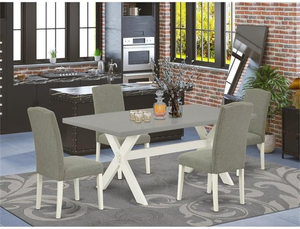 East West Furniture X097EN206-5 5 Piece Dining Table Set Includes a Rectangle Dining Room Table with X-Legs and 4 Dark Shitake Linen Fabric Upholstered Chairs, 40x72 Inch, Multi-Color
