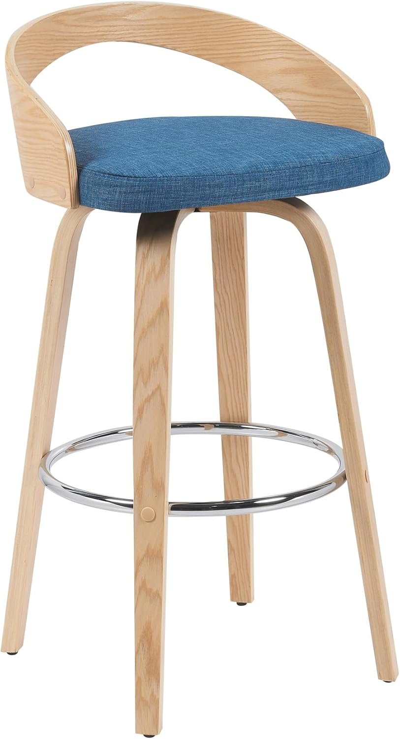 Armen Living Sonia Modern Swivel Bar Height Stool with Blue Upholstered Seat and Patterned Oak Wood Finish