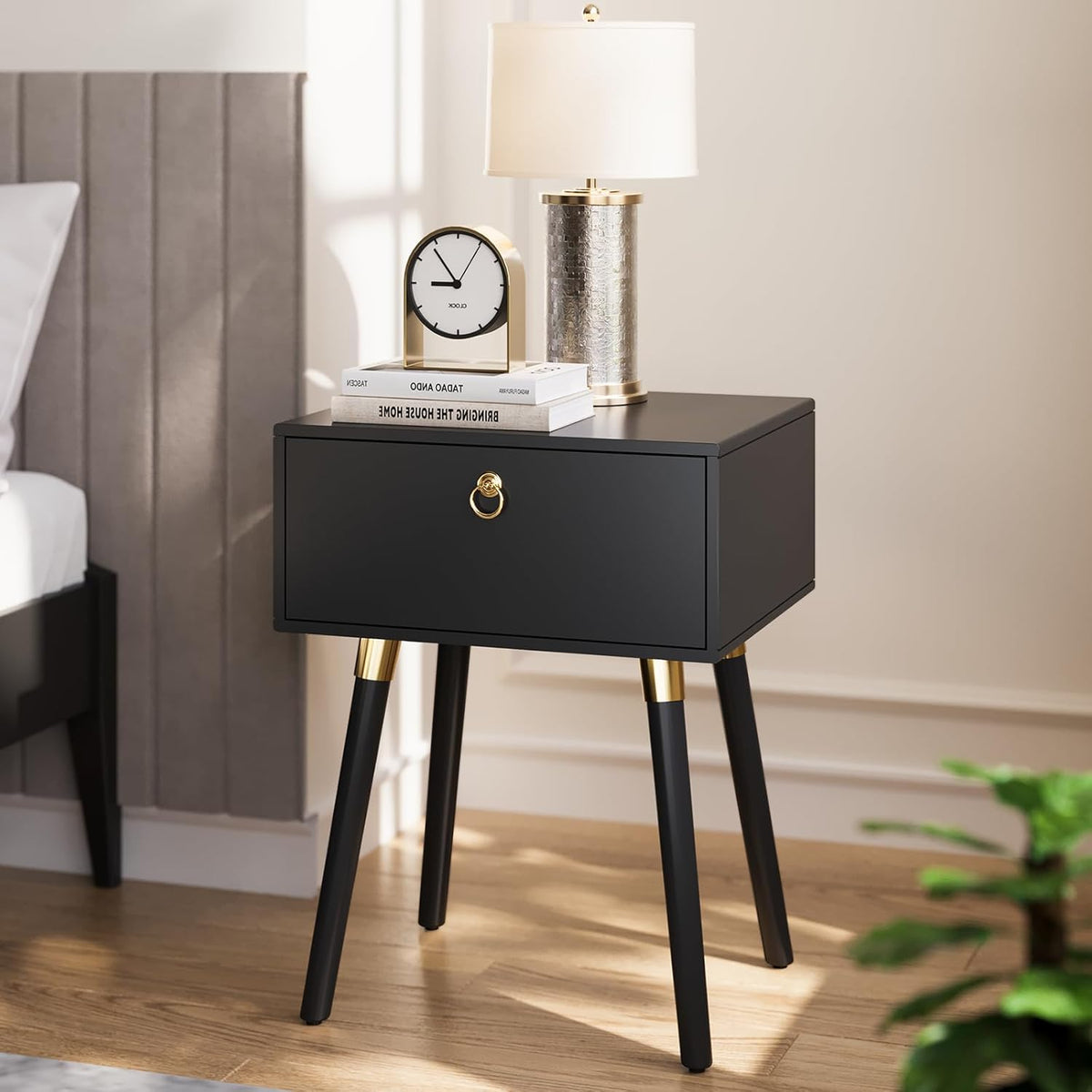 Bme Alden Wood Nightstand, Solid Wood End Table, Mid Century Modern Nightstand, Side Table with 1 Drawer, Compact for Bedroom, Living Room & Study Room, Easy Assembly, Black