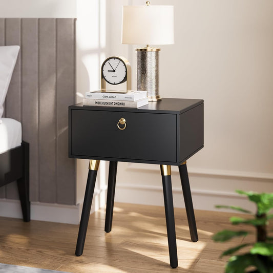 Bme Alden Wood Nightstand, Solid Wood End Table, Mid Century Modern Nightstand, Side Table with 1 Drawer, Compact for Bedroom, Living Room & Study Room, Easy Assembly, Black
