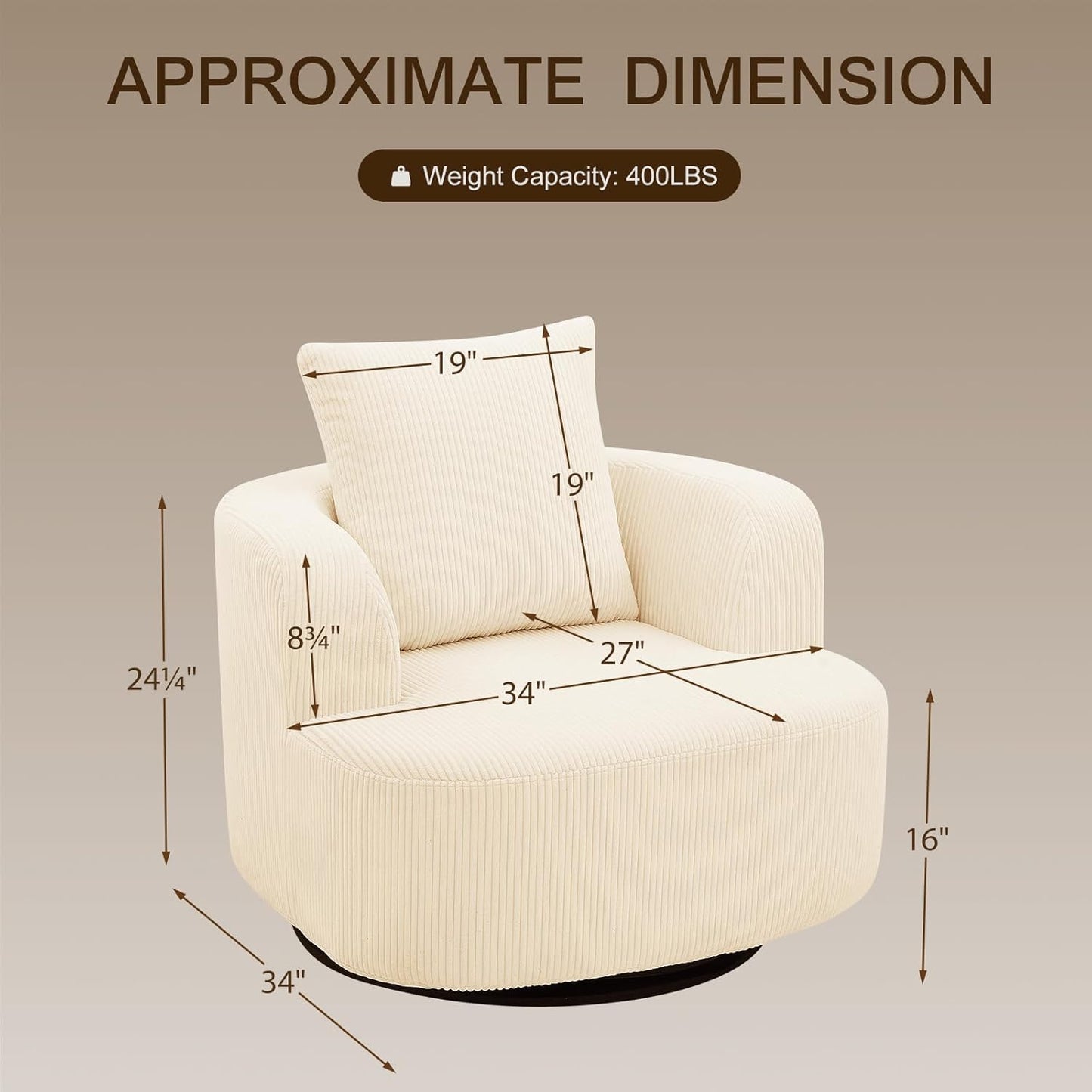 Furnimart 360° Swivel Barrel Accent Chair, Round Upholstered Comfy Lounge Chair, 34“ Corduroy High-Resilienc Foam Single Sofa, No Assembly Wide Seat for Living Room, Bedroom, Apartment (Beige)