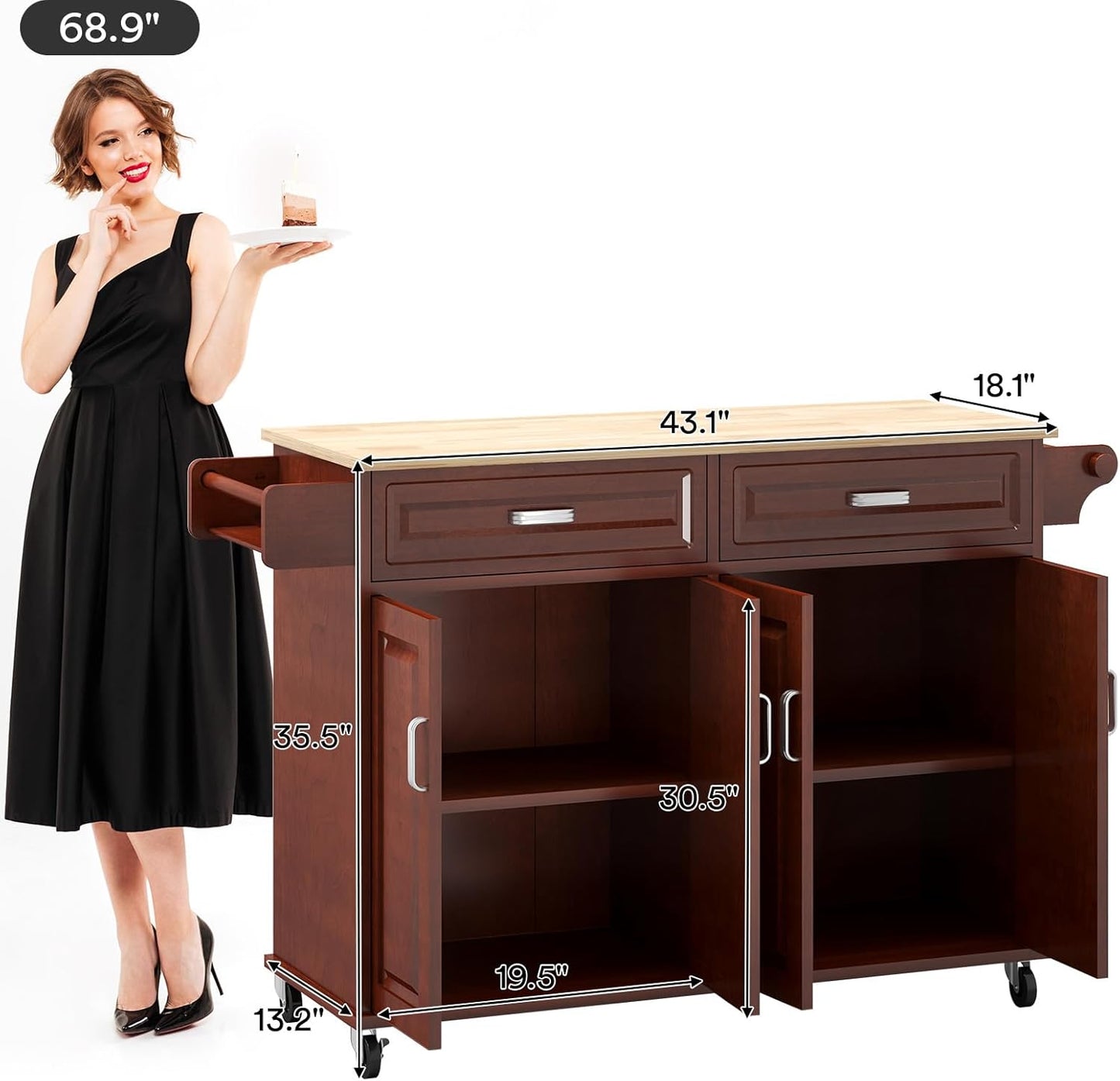 Rovibek Kitchen Island On Wheels Rolling Islands with Storage & Drawers Cabinet Spice Rack Towel Rack, Brown