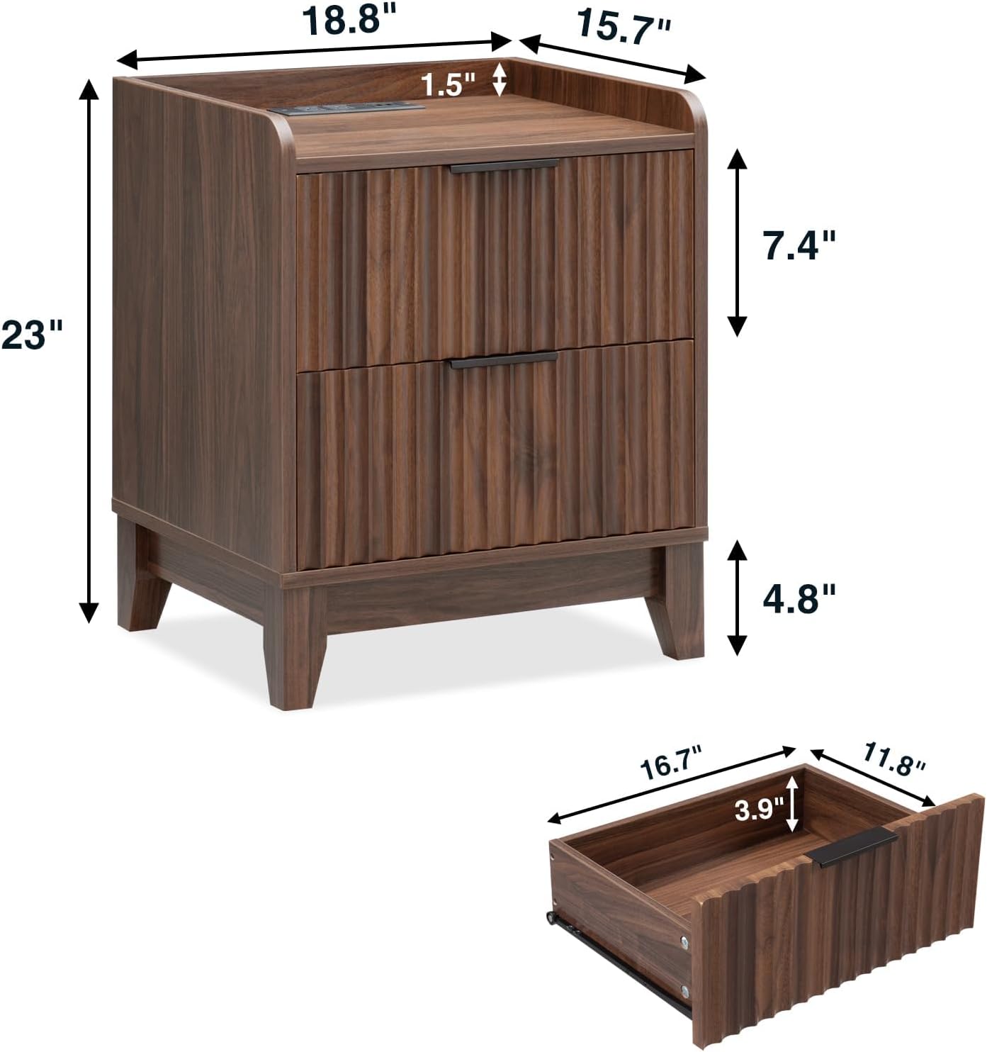 Wnutrees Fluted Nightstand with Charging Station, Modern Bedside Table with 2 Drawers, Farmhouse Wooden End Side Table for Living Room, 2Pack, Brown
