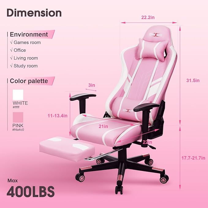 Douxlife Computer Gaming Chair with Footrest, Height Adjustable Game Chair for Adults 360°-Swivel Seat and Headrest and for Office or Gaming, Racing Style Pink and White