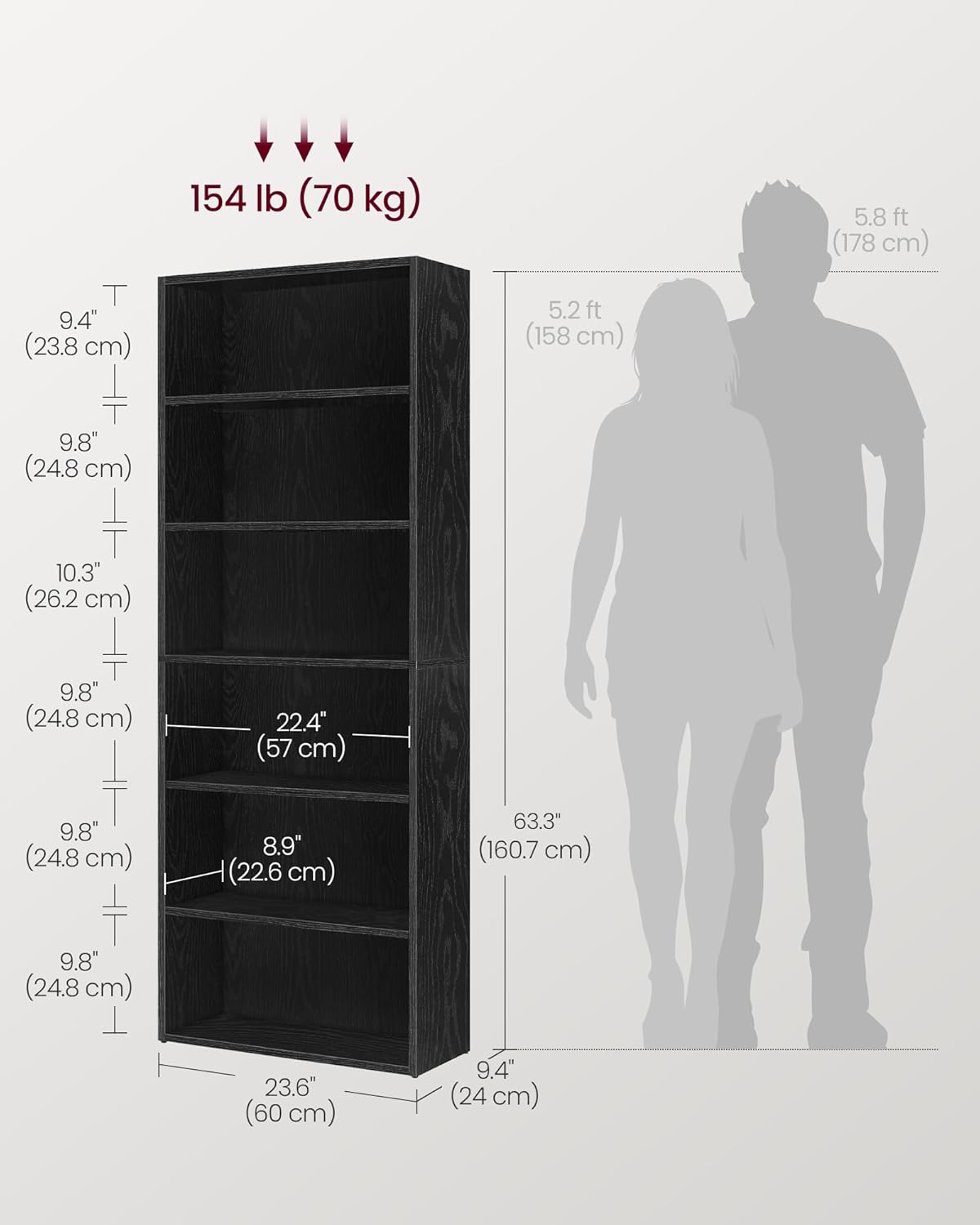 VASAGLE CUSTOS Collection - Bookshelf, 6-Tier Bookcase, Book Shelf, Open Storage Shelf, 9.4 x 23.6 x 63.3 Inches, for Living Room, Home Office, Dinning Room, Ebony Black ULBC166T56