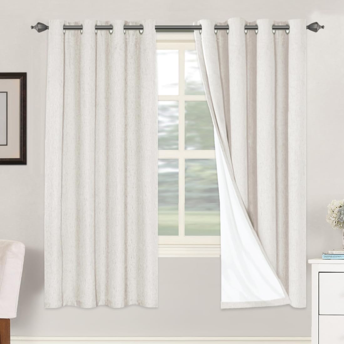 H.VERSAILTEX Linen Blackout Curtains 72 Inches Long 100% Absolutely Blackout Thermal Insulated Textured Linen Look Curtain Draperies Anti-Rust Grommet, Energy Saving with White Liner, 2 Panels, Ivory