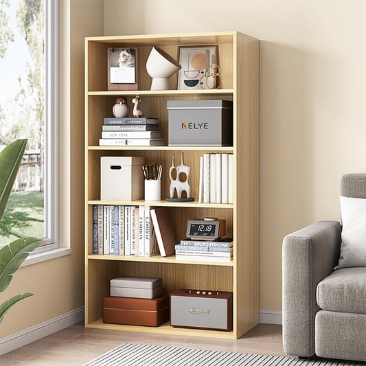 Basic Open Shelf Bookcase - 5-Tier Wooden Cube Storage Shelves Split Bookshelf, Oak