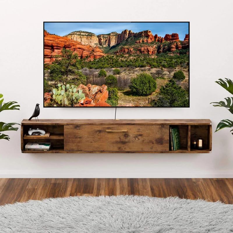 Floating TV Unit, 58'' Wall Mounted TV Cabinet, Floating Shelves with 4 Cabinets, Wooden Entertainment Media Console Center Large Storage TV Bench for Living Room & Office (Rustic Brown)