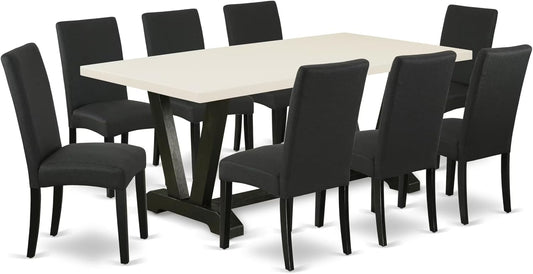 East West Furniture V627DR124-9 9 Piece Dining Set Includes a Rectangle Dining Room Table with V-Legs and 8 Black Color Linen Fabric Upholstered Parson Chairs, 40x72 Inch, Multi-Color