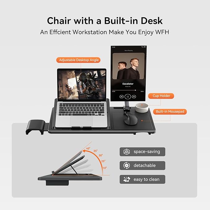 Newtral Ergonomic Home Office Chair-Office Desk Chair with Footrest, Auto-Following Backrest & Headrest, 4D Armrests, 96°-136° Recline (Black, with Laptop Table)