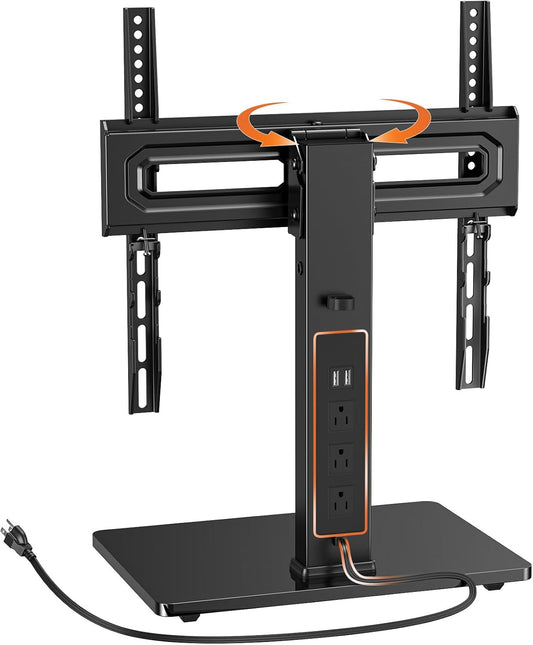 Perlegear Universal Swivel TV Stand with Power Outlet, Tabletop TV Stand for 32–60,65 Inch TVs up to 88 lbs, Tempered Glass TV Mount Stand Base with Height Adjustment, Tilt, Max VESA 400x400mm,PGTVS27