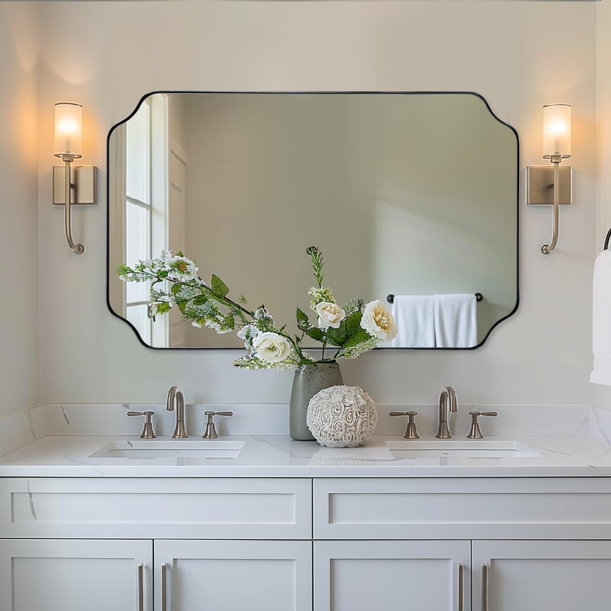 ANDY STAR 24x40 Inch Rectangle Bathroom Mirror, Brushed Nickel Scalloped Bathroom Mirror, Silver Bathroom Vanity Mirror, Unique Mirror in Rust-Proof Stainless Steel Frame (Horizontal/Vertical)