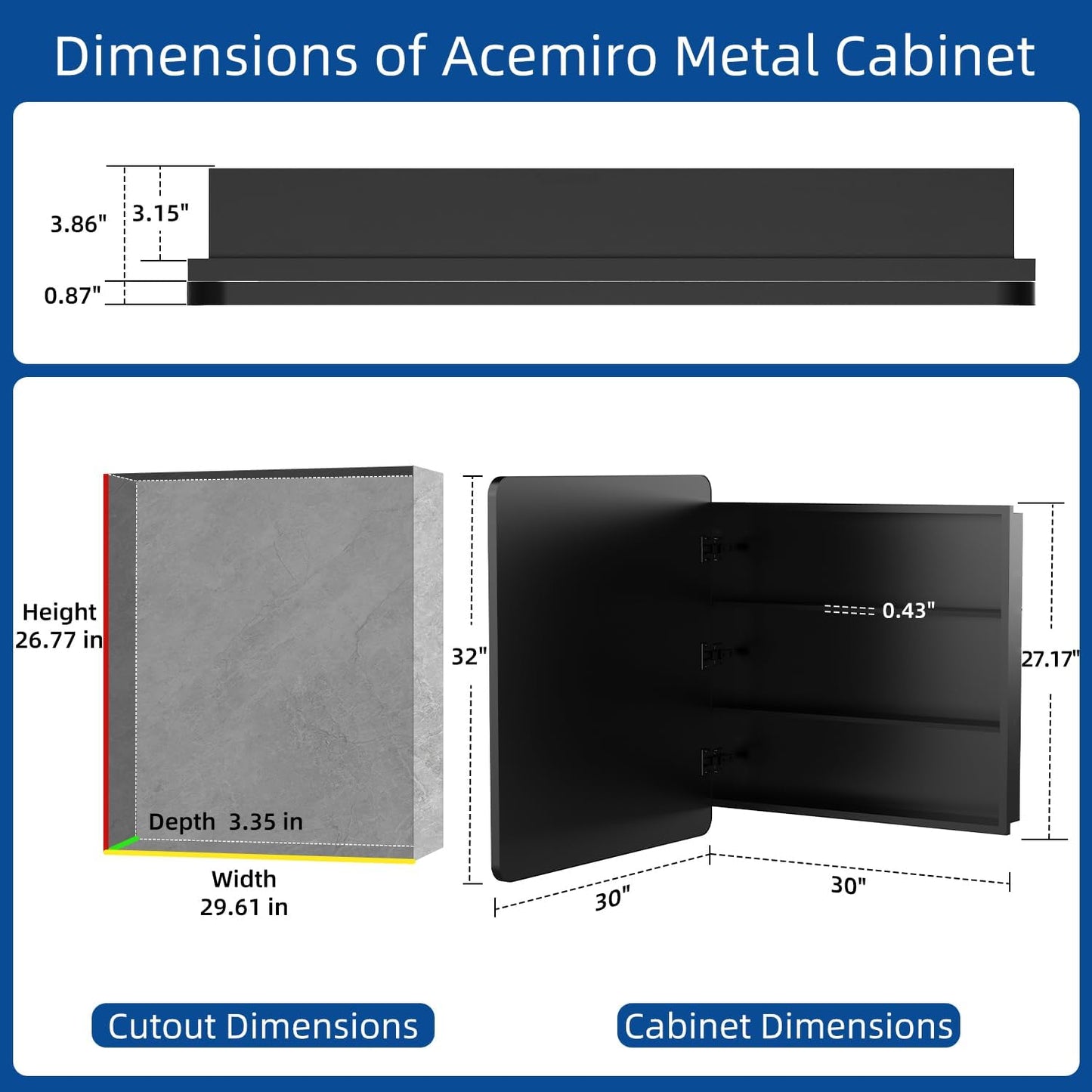 30x32 Inch Bathroom Medicine Cabinet with Mirror Black Metal Framed Mirror Cabinet Recessed or Surface Wall Mounted Medicine Cabinets for Bathroom