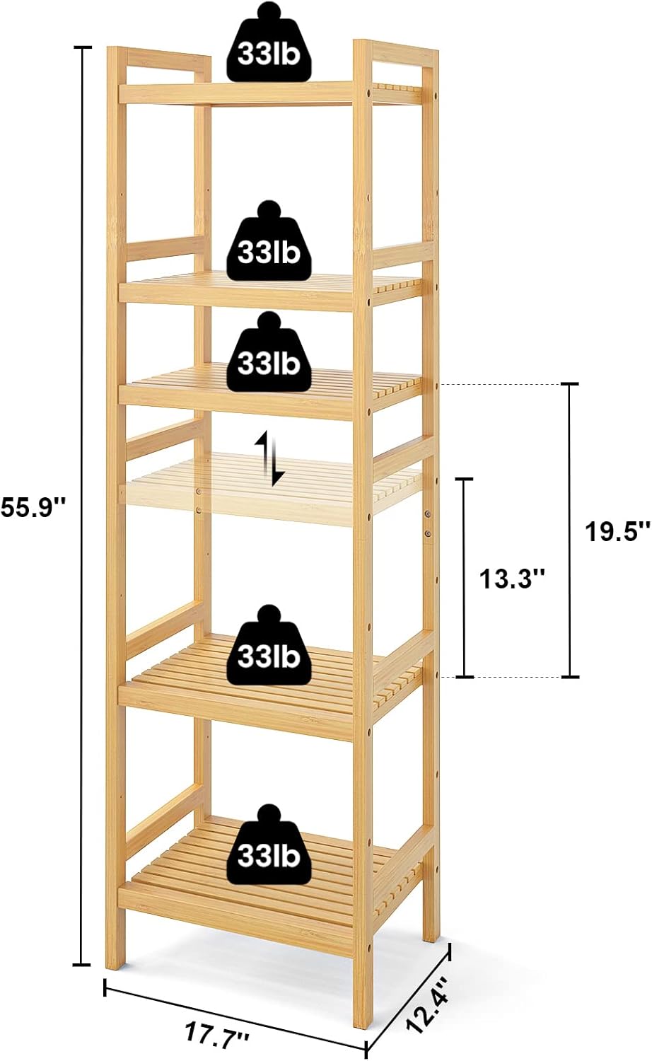 Homykic Bamboo Bookshelf, 5-Tier Narrow 55.9” Adjustable Book Shelf Bookcase Bathroom Shelves Freestanding Storage Stand for Living Room, Bedroom, Kitchen, Rust Resistance, Easy Assembly, Natural