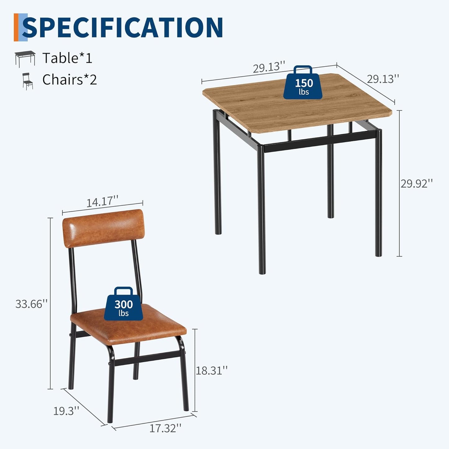 IDEALHOUSE 3 Piece Dining Room Table Set, Kitchen Table Set for 2 with Brown Wooden Grain Kitchen Table and 2 PU Upholstered Metal Chairs, Dining Room Set for Small Space,Home Dinner(2 Brown Chairs)