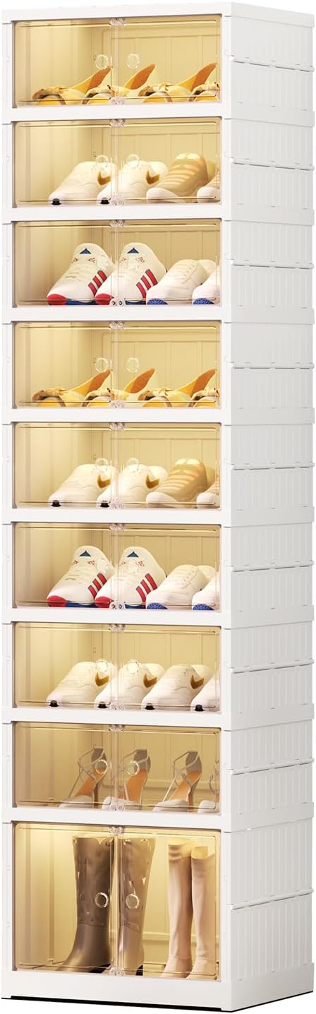 9 Tier Foldable Shoe Rack Organizer for Closet 18-36Pairs Plastic Collapsible Shoe Racks Shelf Stackable Clear Folding Shoes Storage boxes for Small Spaces Narrow Shoe Storage Cabinet