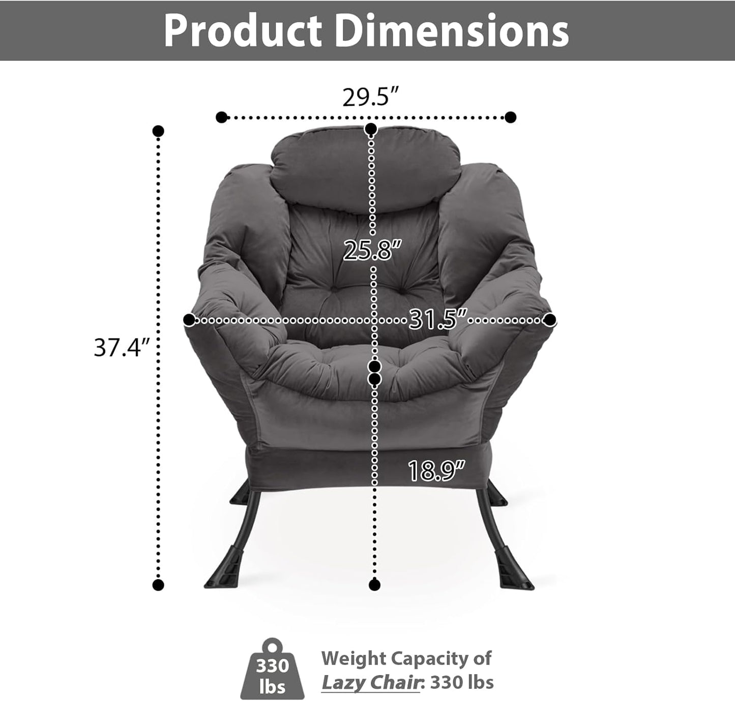 Lazy Chair Thick Padded, Comfy Velvet Accent Lounge Chair with Stable Frame, Leisure Sofa Armchair with Armrests and Side Pocket, Reading Chair for Bedroom, Living Room, Office, Charcoal
