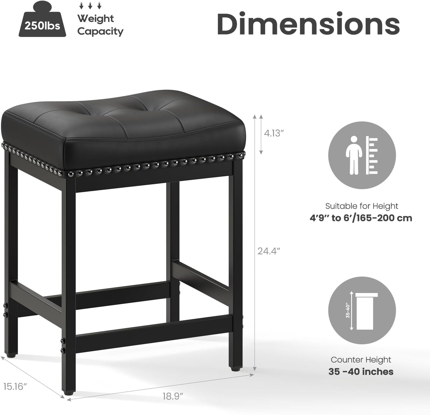 MALOL Set of 2 Saddle Bar Stools Counter Height 24.4”, Black Backless Barstools for Kitchen Island, Modern PU Leather Cushioned Seat, Bar Chairs for Kitchen Counter, Breakfast Bar Stools for Home