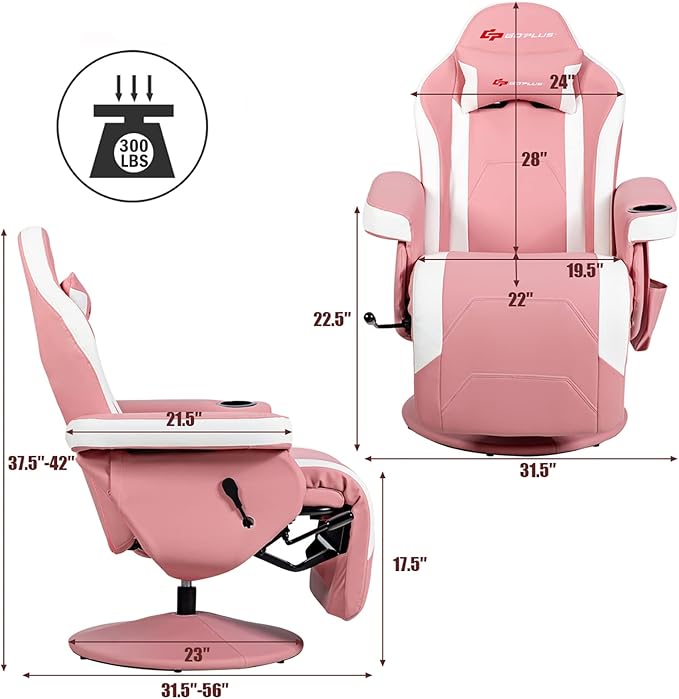 POWERSTONE Gaming Recliner Massage Gaming Chair with Cup Holder Ergonomic PU Leather Single Sofa with Footrest and Side Pouch, Adjustable Living Room Chair Home Theater Seating (Pink)