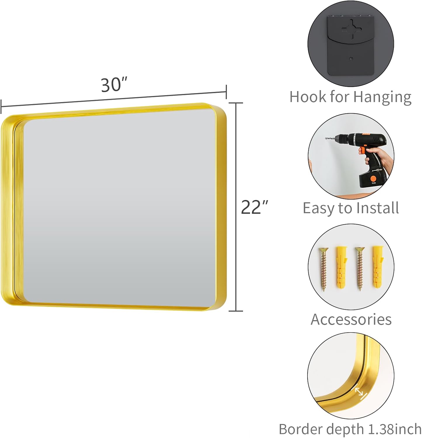 Koonmi Gold Bathroom Mirror for Wall, 22x30 Inch Matte Metal Deep Framed Rounded Corner Wall Mirror, Shatterproof Tempered Glass for Farmhouse Bedroom Entryway, Vertically or Horizontally