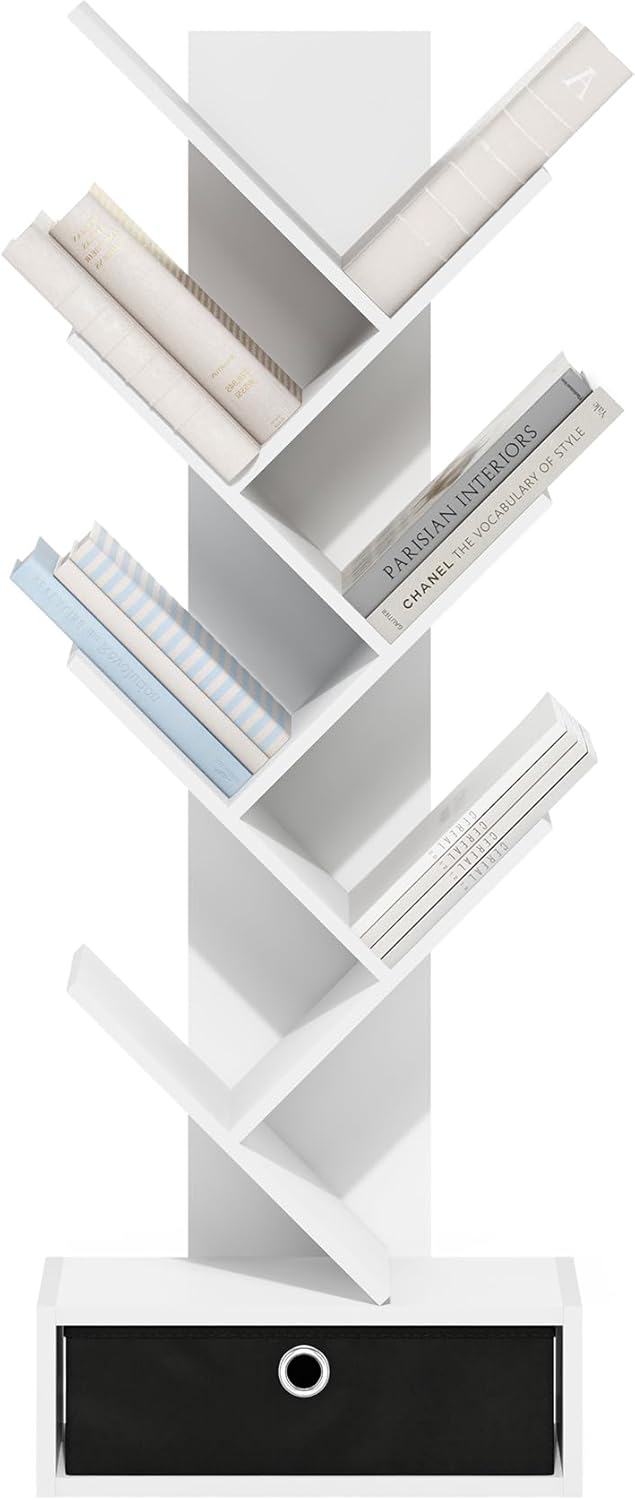 Furinno Tree Bookshelf 7-Tier Floor Standing Tree Bookcase with Bin Drawer, White/Black