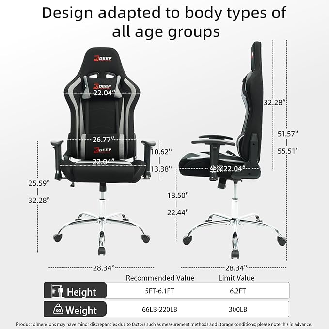 Ergonomic Fabric Gaming Chair with Footrest and Lumbar Support Racing Office Chair Adult-Specific Computer Gaming Chair Wrinkle-Resistant.(1005-gray)
