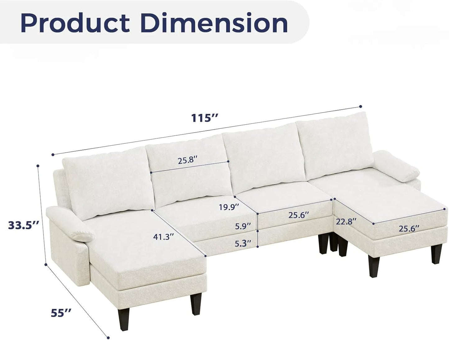 115 Inch U Shaped Sectional Couch with Chaise, 5-Seat Sofa with Moveable Ottoman, Modern Modular Sofa for Living Room, Apartment, Off-White