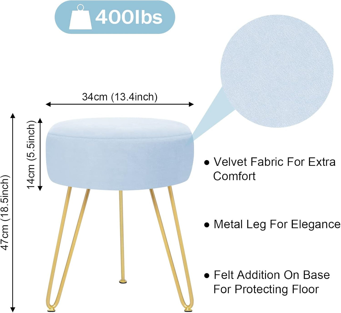 GERANT Multifunctional Vanity Stool - Velvet Footrest Stool-Upholstered Chair Stool -Ottoman Round Modern Dressing Chair - Side Coffee Table Seat with Golden Metal Leg for Living Room (Light Blue)