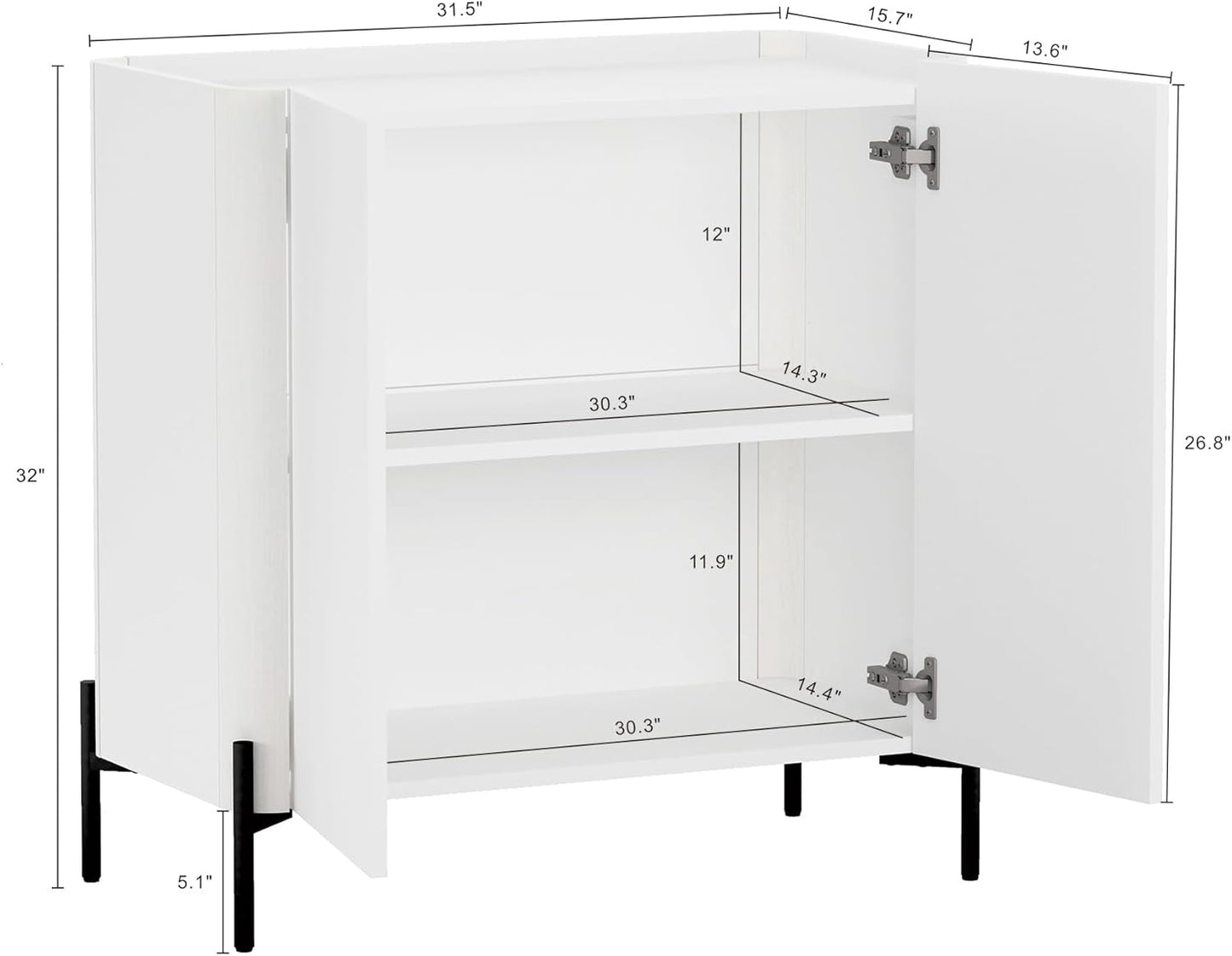 Manhattan Comfort Abbey Accent Cabinet with Doors, Tray Top Design and Adjustable Shelves, Sleek Modern Storage Furniture for Dining Area, Living Room, Bedroom, Entryway, White