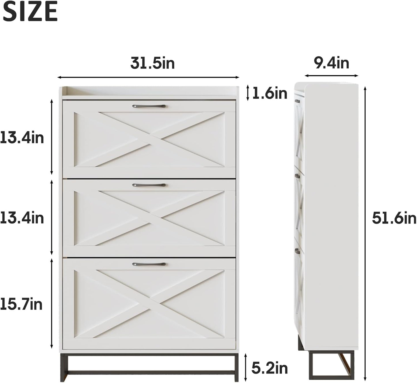 Maupvit Shoe Storage Cabinet with 3 Flip Drawers, Freestanding Organizer with Metal Legs for Entryway, Narrow Shoe Rack Cabinet, White