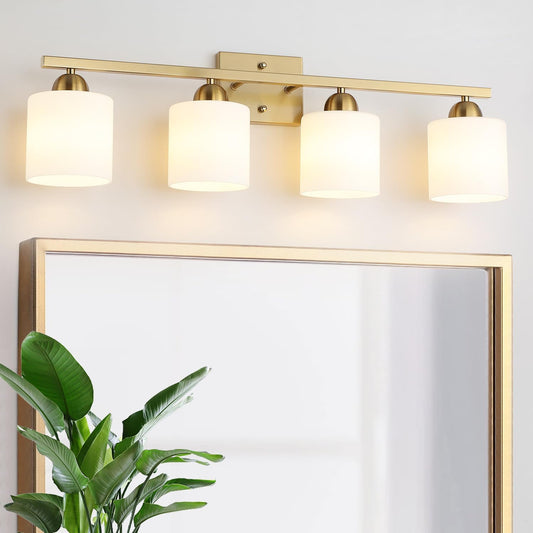Stainless Steel Milk Glass Vanity Lights for Bathroom, 4 Light Gold Bathroom Light Fixtures Over Mirror, Ceramic E26 Sockets Wall Mounted