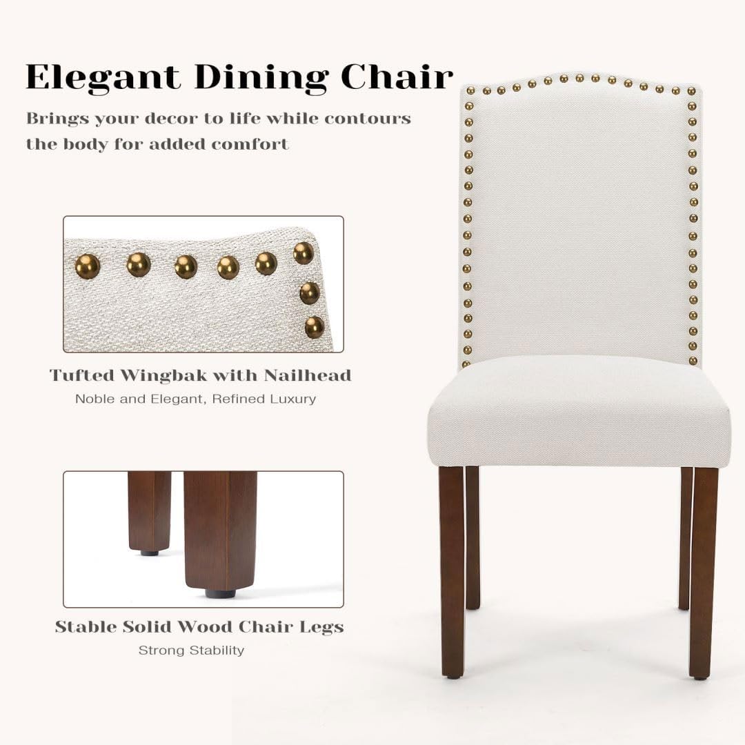 Kitchen Chairs Set of 2 Modern Upholstered Fabric Seat with Nailhead Trim and Ergonomic Lumbar Support for Living Room and Rustic Farmhouse Dining Area, Beige