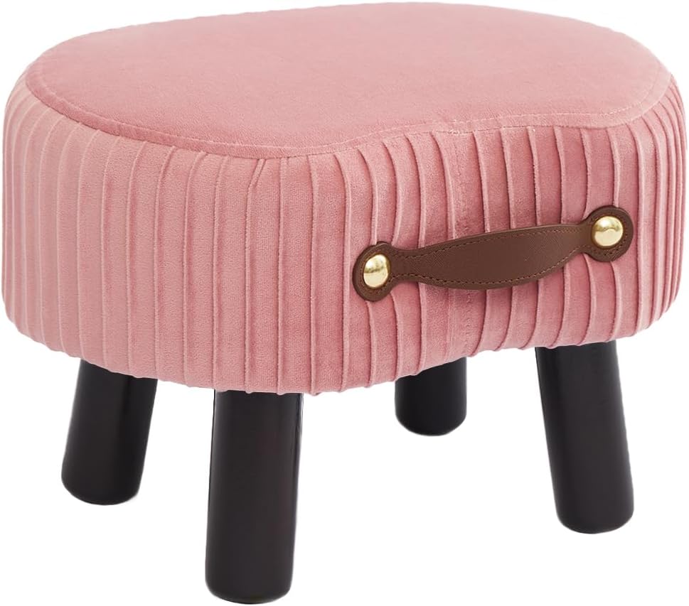 Small Footstool with Handle, Velvet Ottoman Foot Rest with Padded Seat, Curved Foot Stool with Wooden Legs, Portable Foot Rest for Living Room, Bedroom, Entryway, Pink