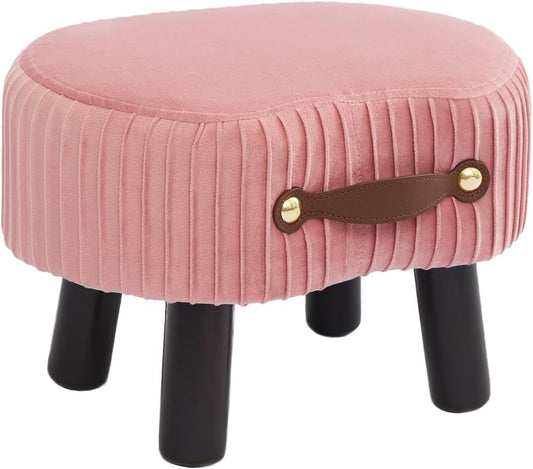 Small Footstool with Handle, Velvet Ottoman Foot Rest with Padded Seat, Curved Foot Stool with Wooden Legs, Portable Foot Rest for Living Room, Bedroom, Entryway, Pink