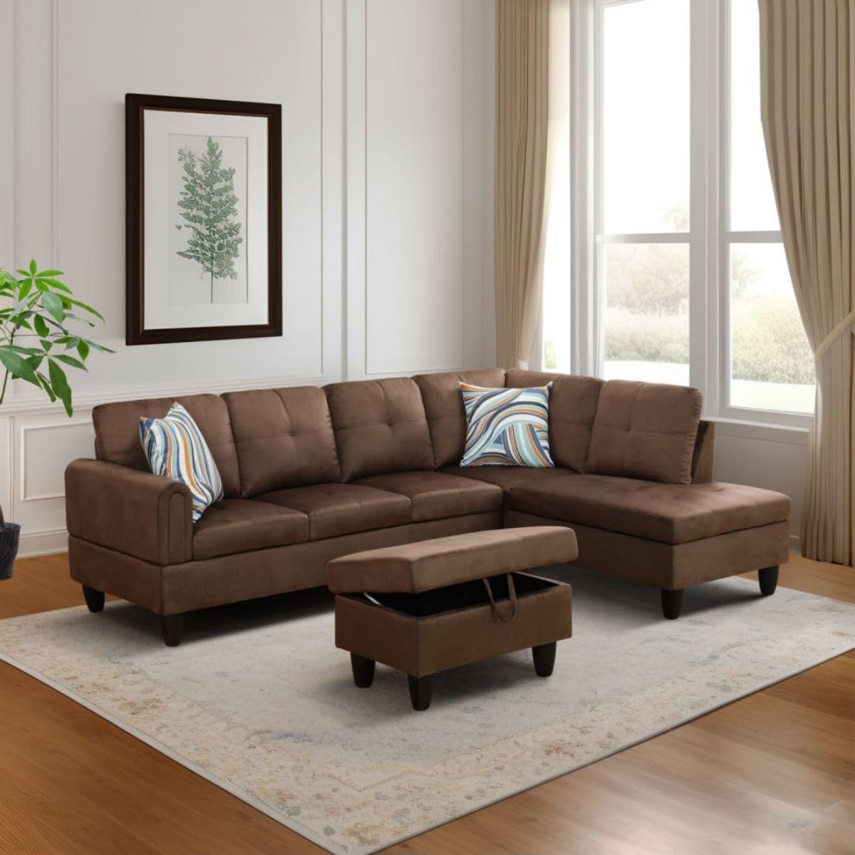 Chocolate L-Shaped 3-Piece Flannel Sofa with Storage Ottoman Set, Sectional Couch Sofa Set for Living Room, Office, Small Space
