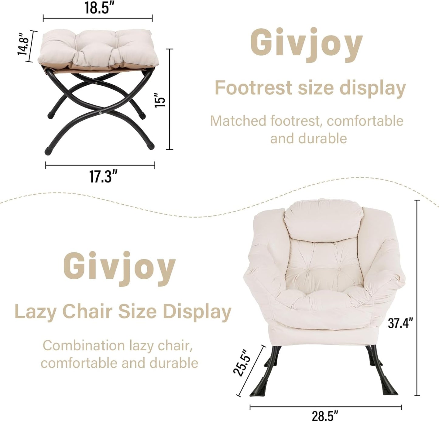 Lazy Chair and Ottoman, Large Accent Lounge Chair with Armrests and a Side Pocket, Modern Leisure Upholstered Sofa Reading Armchair with Footrest for Bedroom, Living Room, Dorm Rooms, Office