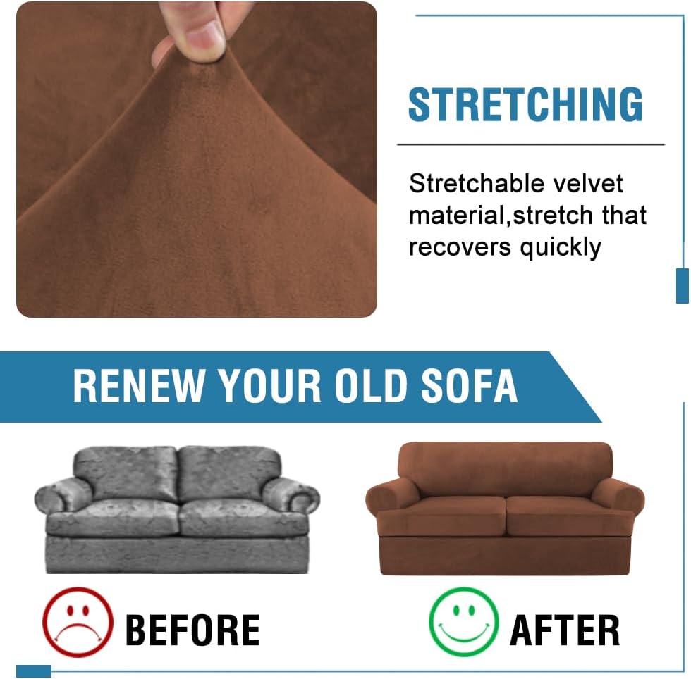 H.VERSAILTEX Sofa Cover 3 Piece T Cushion Loveseat Slipcovers Thick Velvet Couch Cover Stretch T Cushion Sofa Covers for 2 Cushion Couch with 2 Individual T Cushion Covers Washable, Caramel