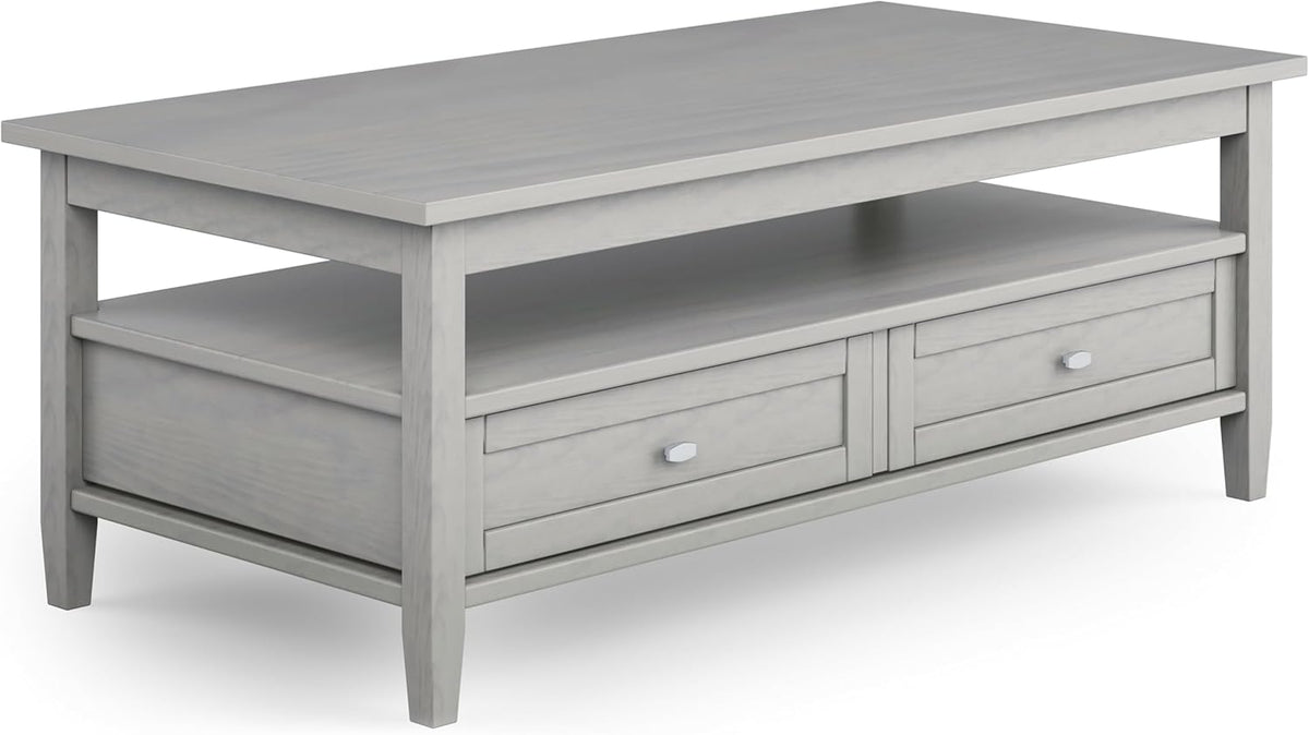 SIMPLIHOME Warm Shaker Coffee Table - 48 inch Wide Solid Wood Cocktail Table in Fog Grey, Transitional Living Room Table with 2 Storage Drawers and Open Shelf for Sitting Area or Lounge