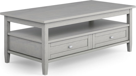 SIMPLIHOME Warm Shaker Coffee Table - 48 inch Wide Solid Wood Cocktail Table in Fog Grey, Transitional Living Room Table with 2 Storage Drawers and Open Shelf for Sitting Area or Lounge