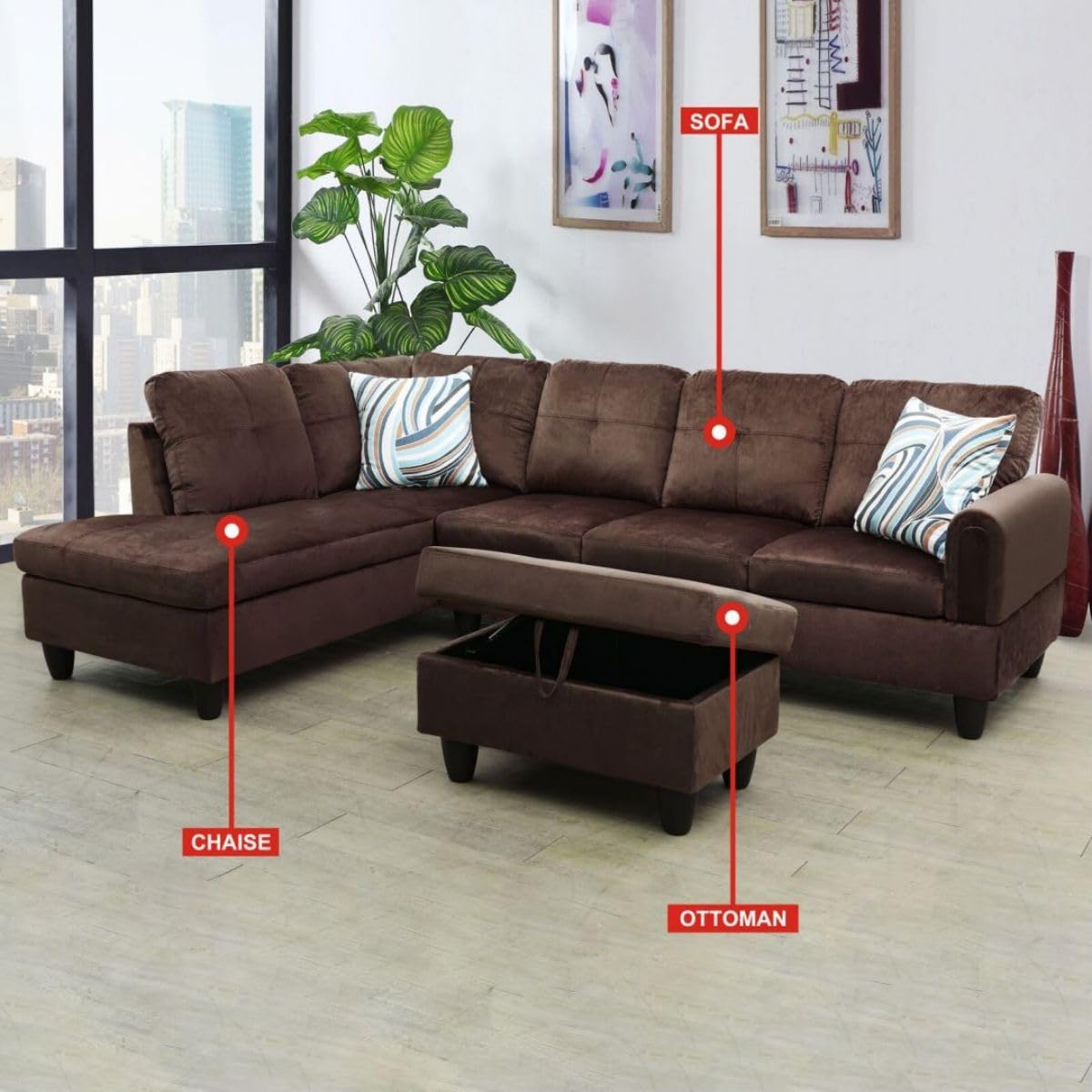 Chocolate L-Shaped 3-Piece Flannel Sofa with Storage Ottoman Set, Sectional Couch Sofa Set for Living Room, Office, Small Space