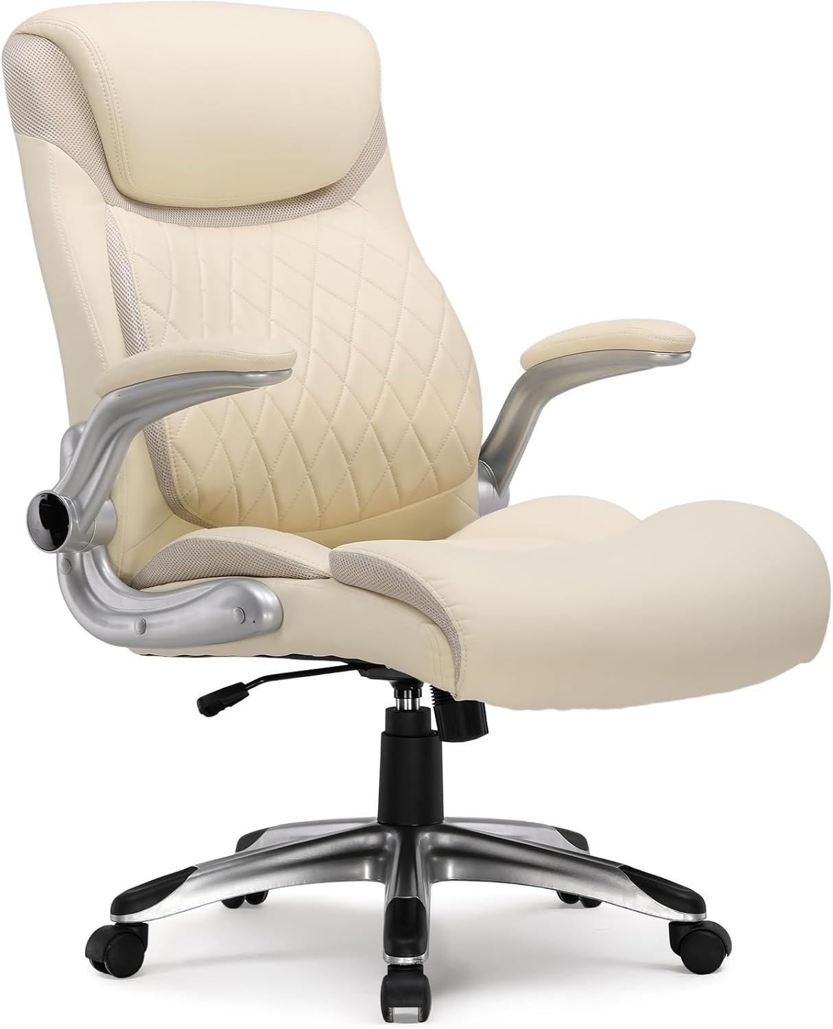 COMHOMA Big and Tall Office Chair, High Back Leather Executive Chair with Pocket Spring Lumbar Support and Flip-up Armrests, Swivel Managerial Office Chair with Adjustable Height， Beige