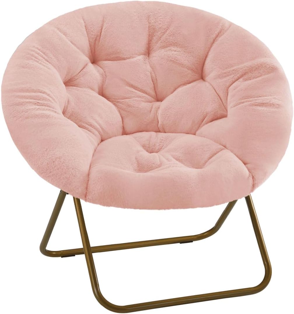 Comfortable Cozy Faux Fur Disc Chair Foldable Feature for Bedroom, Living Room and Dorm, Adult-Sized Relaxation, Pink
