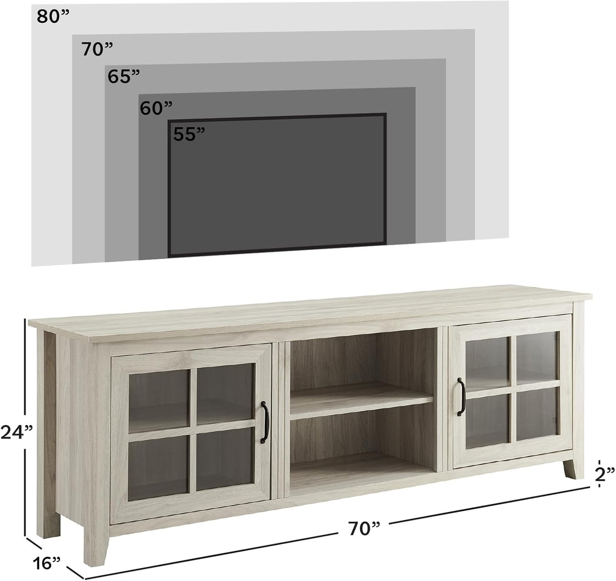 Walker Edison Portsmouth Classic 2 Glass Door TV Stand for TVs up to 80 Inches, 70 Inch, Birch