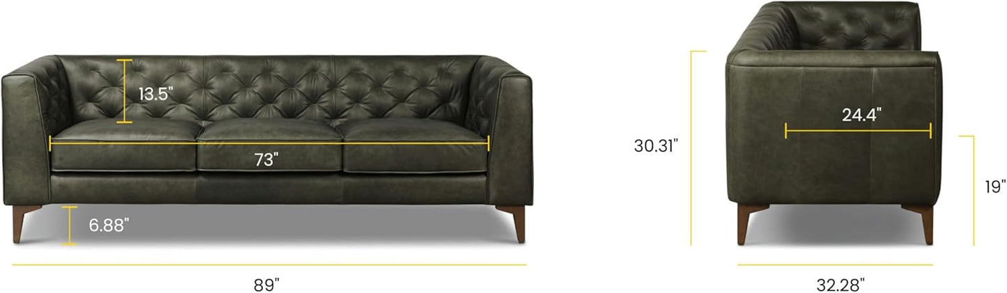 POLY & BARK Essex Leather Couch - 89-Inch Sofa with Tufted Back - Full-Grain Leather Sofa for Living Room with Feather-Down Topper - Living Room Couch - Vintage Italian Leather in Olivine Green