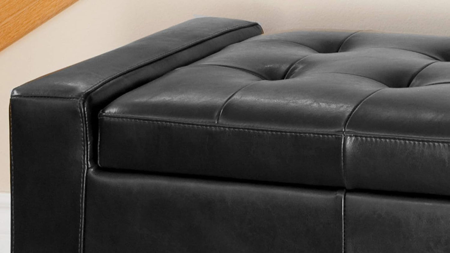 Ball & Cast 50.8" Upholstered Leather Storage Ottoman with Tufted Waffle Stitch,End Bench w/Uses Pressure Hinges and Wood Legs,Entryway Footrest Stool for Living Room & Bedroom,Black