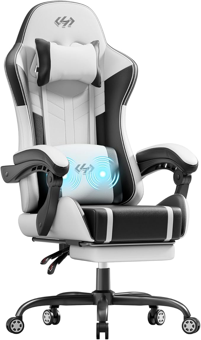HLDIRECT Gaming Chair, Ergonomic Video Game Seat with 360° Swivel & Lumbar Massage, Computer Chair PU Leather Cushion for Adults Home/Office Use (Black & White)