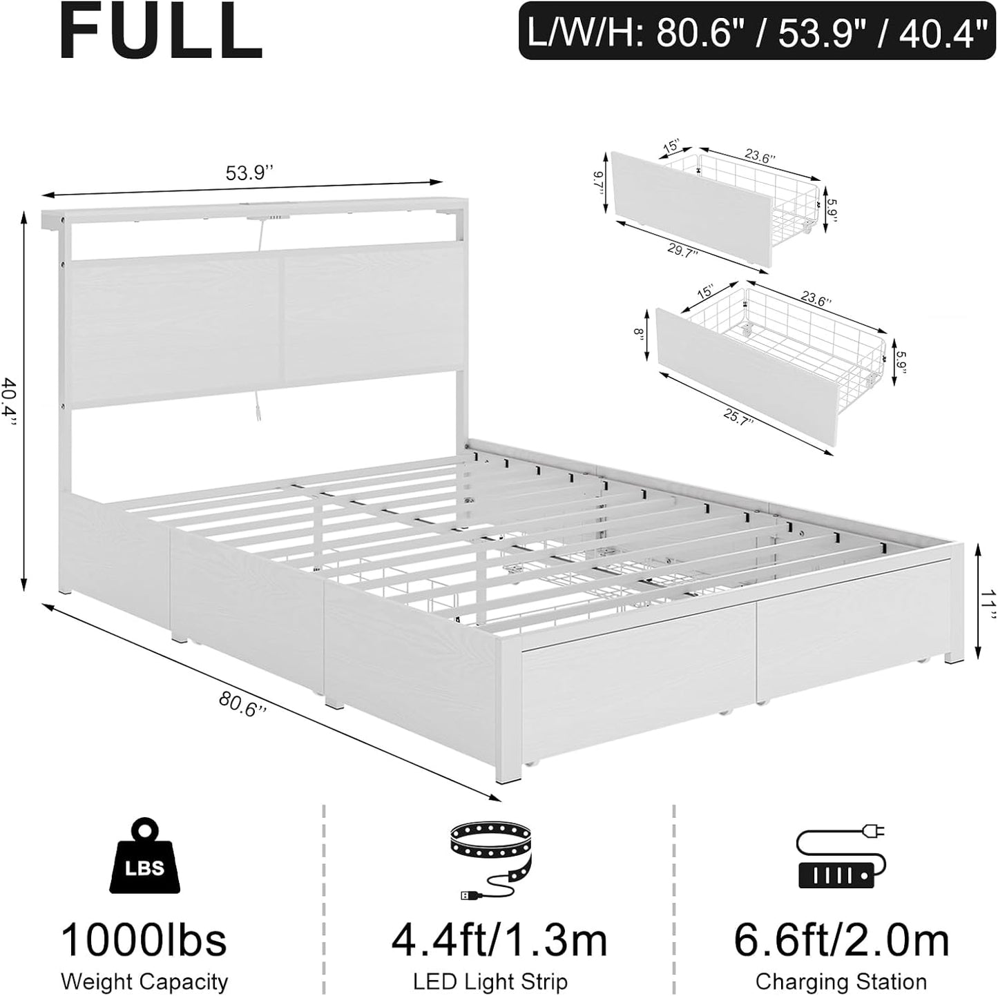 Full Bed Frame with 4 Storage Drawers Bed Frame Full Size with Headboard LED Lights Charging Station Metal Slats Platform Heavy-Duty Support No Box Spring Needed White