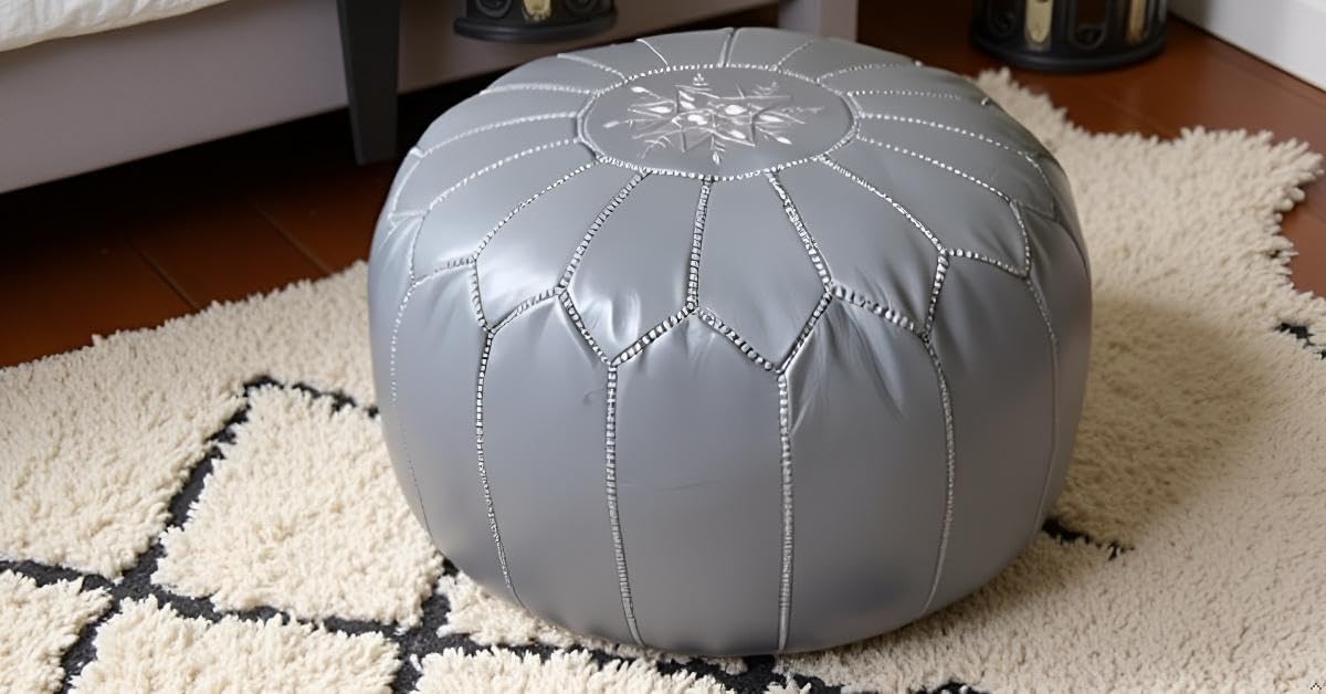 Stuffed Round Design Moroccan Leather Pouf Ottoman, Handmade, Pre-Filled, 100% Genuine Leather, 13” Height x 20” Diameter, Footstool & Living Room Décor (Grey)