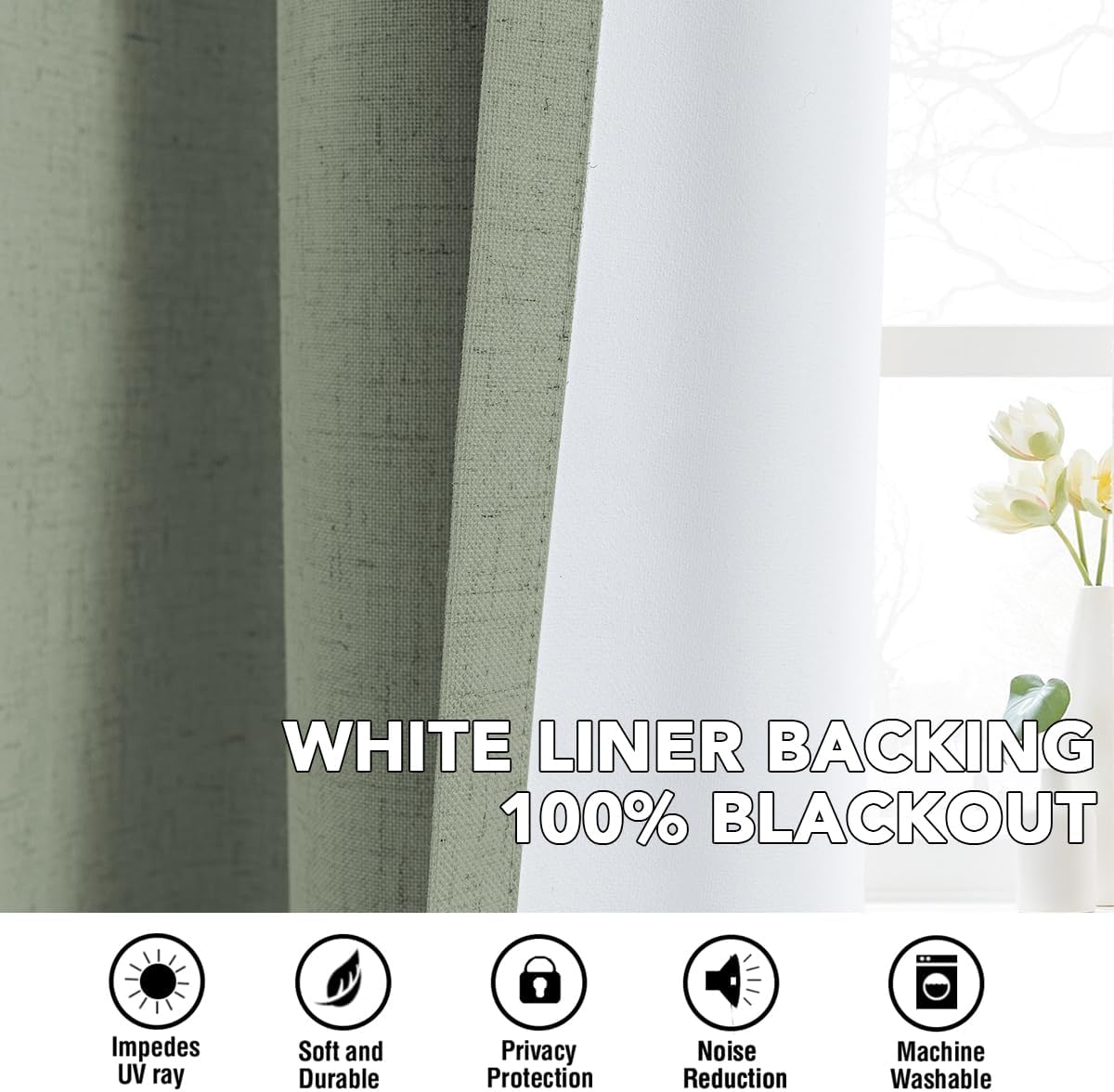H.VERSAILTEX Linen Curtains 100% Blackout Curtains for Bedroom 96 inch Long Full Light Blocking Nature Linen Blended Window Curtains for Living Room Nickel Grommet (2 Panels, Heathered Dried Sage)