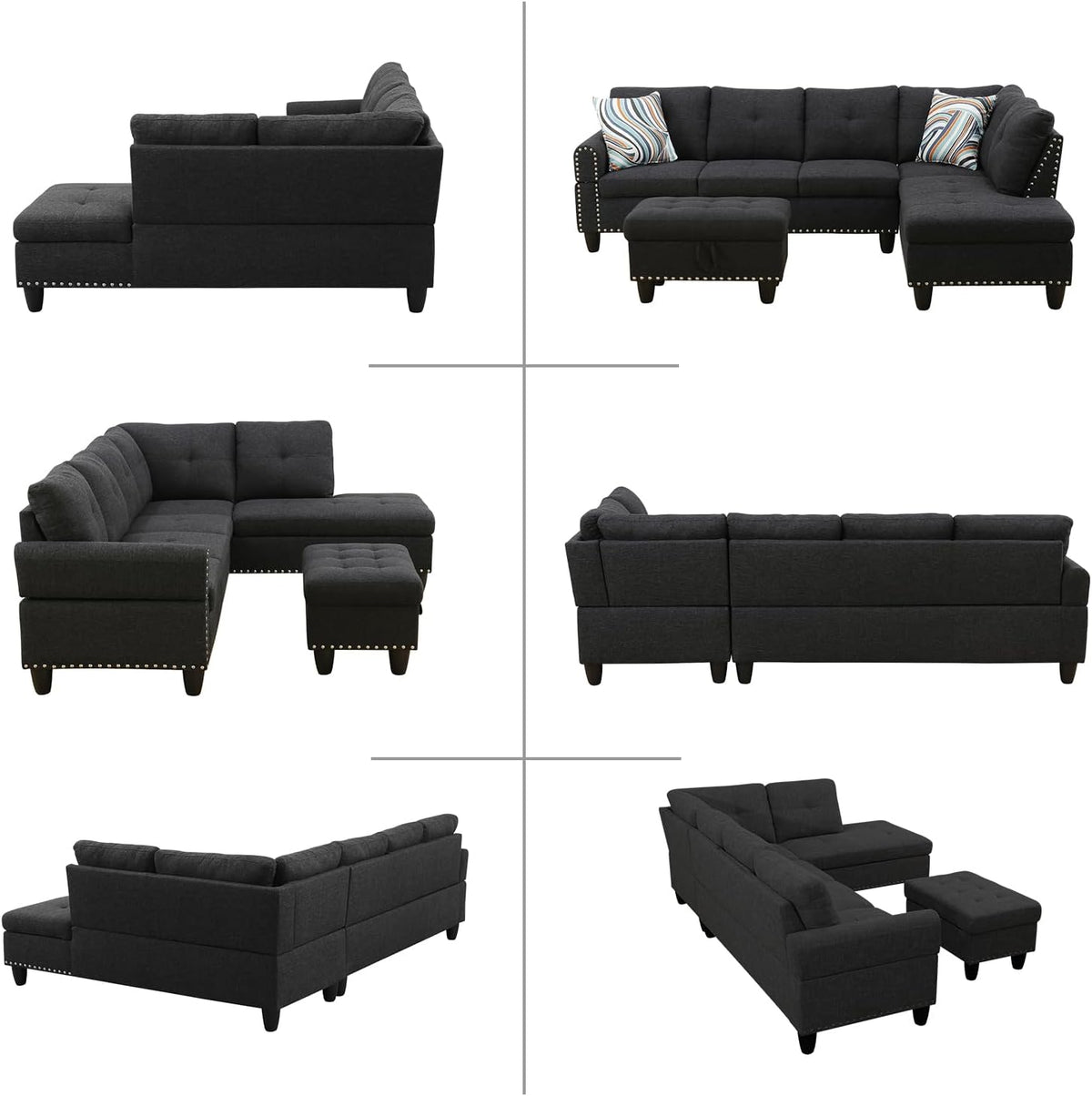 L Shaped Modular Sectional Sofa with Reversible Chaise Lounge, 5-Seater Corner Couch, Linen Upholstery Convertible Sofá w/Movable Ottoman, Cup Holders, 2 Pillows and Rivet Ornament for Living Room